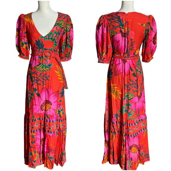 Farm Rio Belted Floral Maxi Dress size S small red pink v-neck puff sleeve - Picture 6 of 12